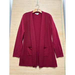 Orvis Womens XS Burgundy Open Front Cardigan Shawl Collar Longline Knit Sweater